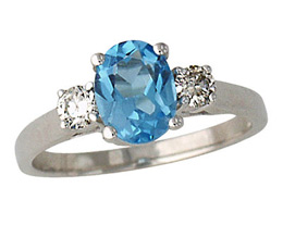 Blue Topaz and Diamond Three Stone Ring, 14K White Gold