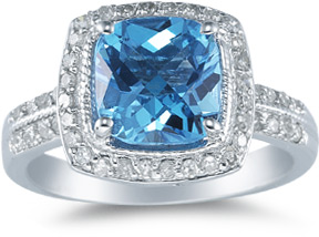 Cushion-Cut 8mm Blue Topaz and Diamond Ring