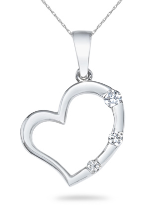 Three Stone Diamond Heart Pendant, 14K White Gold