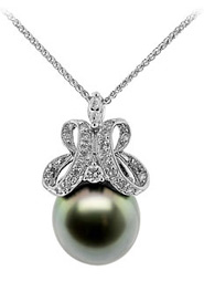 Natural Black South Sea Pearl & Diamond Drop Pendant, 18K White Gold