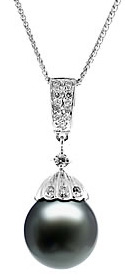 Natural Black Tahitian Pearl & Diamond Drop Pendant, 14K White Gold