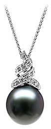 Natural Black Pearl & Diamond Drop Pendant 14K White Gold