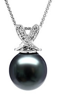 Natural Black Tahitian Pearl & Diamond Drop Pendant, 14K White Gold