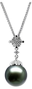 Natural Black Tahitian Pearl & Diamond Drop Pendant, 14K White Gold