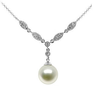 Natural Fresh Water Pearl & Diamond Necklace in 14K White Gold
