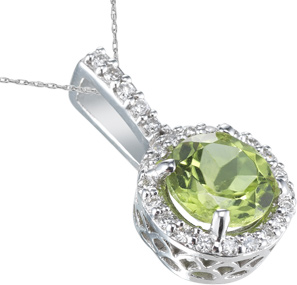 Round Peridot and Diamond Pendant, 14K White Gold