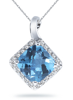 Cushion-Cut 9mm Blue Topaz and Diamond Pendant