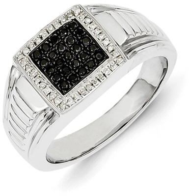 Quality men's black and white diamond ring crafted in fine, polished 14k white gold. Black and white diamonds weigh a total of 0.33 carats. White diamond color: H-I, clarity: I1. Ring weighs approx. 8.0 grams of 14k gold.