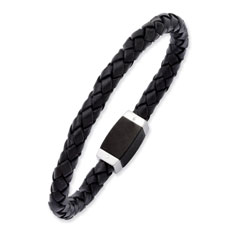 Men's Black Leather Braided Bracelet with Stainless Steel Clasp