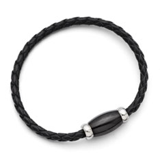 Men's Black Leather Woven Bracelet with Black Stainless Steel Clasp