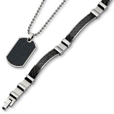 Stainless Steel and Black Carbon Fiber Dog Tag Necklace and Bracelet Set