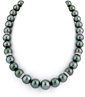 10-13mm Dark Green Tahitian Pearl Necklace with Rondelles