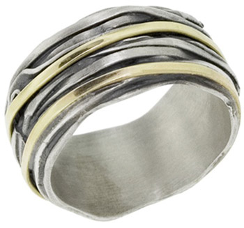 Two-Tone Striped Sterling Silver and 14K Gold Band