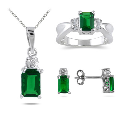 Created Emerald and Diamond Jewelry Set in .925 Sterling Silver