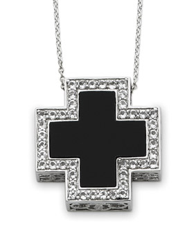 Sterling Silver and Black Onyx Battle Cross Pendant with CZ Accents