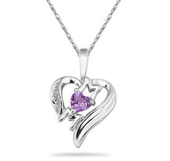 Amethyst and Diamond Heart MOM Pendant in .925 Sterling Silver