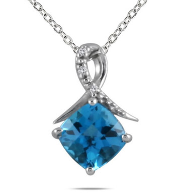 200 Carat Cushion Cut Swiss Blue Topaz and Diamond Pendant in 925 Sterling Silver