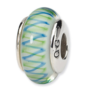 Green and Blue Zig-Zag Murano Glass and .925 Sterling Silver Bead