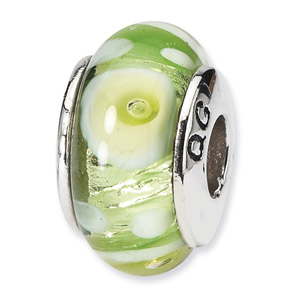 Sterling Silver Green & White Hand-blown Glass Bead