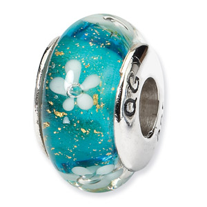 Blue Floral Hand Blown Glass and .925 Sterling Silver Bead