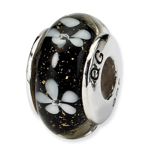 Black Floral Murano Glass and .925 Sterling Silver Bead