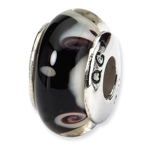 Black and White Swirl Hand Blown Glass and 925 Sterling Silver Bead