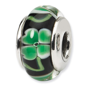 Green Clover on Black Hand Blown Glass and .925 Sterling Silver Bead