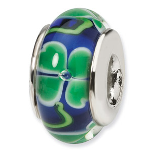 Green Clovers on Blue Hand Blown Glass and .925 Sterling Silver Bead