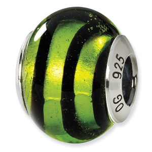 Sterling Silver Green & Black Italian Murano Bead