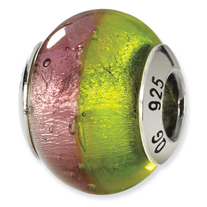 Sterling Silver Pink & Green Italian Murano Bead