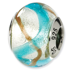 Blue Silver and Gold Metallic Murano Glass and 925 Sterling Silver Bead