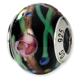 Sterling Silver Black & Green & Gold & Red Italian Murano Bead