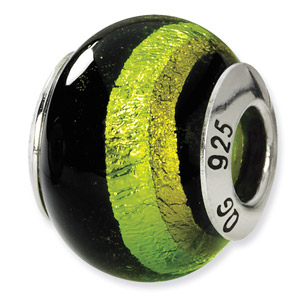 Sterling Silver Green & Black Italian Murano Bead