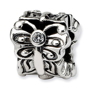 Sterling Silver Butterfly with CZ  Accent Bali Bead