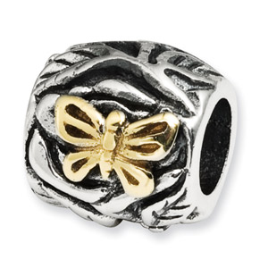 .925 Sterling Silver & 14k  Butterfly Floral Bead