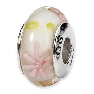 Pink Floral Murano Glass and .925 Sterling Silver Bead