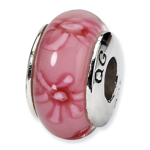 Pink Floral Murano Glass and .925 Sterling Silver Bead