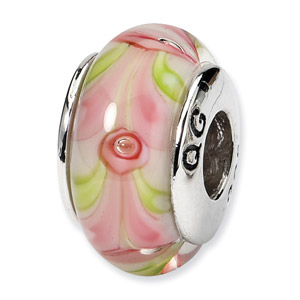 Sterling Silver Pink & Green Hand-blown Glass Bead