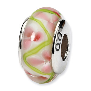 Pink and Green Floral Hand Blwon Glass and .925 Sterling Silver Bead