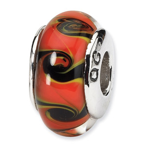 Red and Black Swirl Hand Blown Glass and .925 Sterling Silver Bead