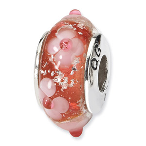 Pink and Red Floral Hand Blwon Glass and .925 Sterling Silver Bead