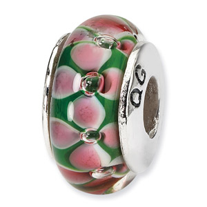 Sterling Silver Pink & Green Hand-blown Glass Bead