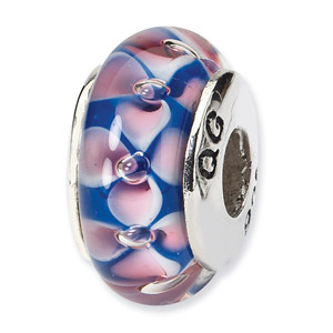 Blue and Pink Floral Murano Glass and .925 Sterling Silver Bead