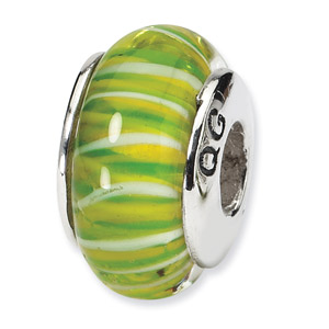 Green Striped Hand Blown Glass and .925 Sterling Silver Bead