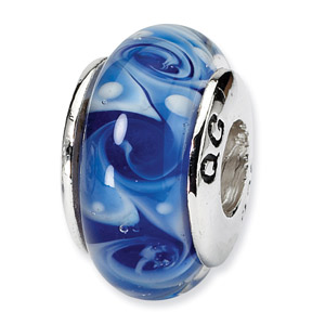Blue Swirl Hand Blown Glass and .925 Sterling Silver Bead