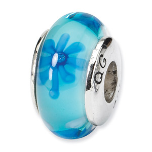 Blue Floral Hand Blown Glass and .925 Sterling Silver Bead