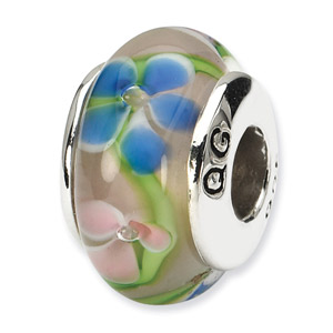 Blue and Pink Hand Blown Glass and .925 Sterling Silver Bead