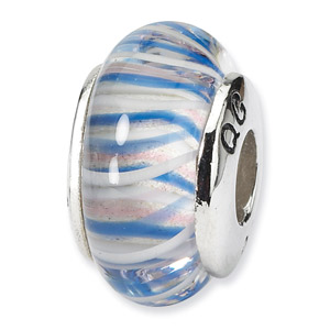 Blue and Pink Striped Murano Glass and .925 Sterling Silver Bead