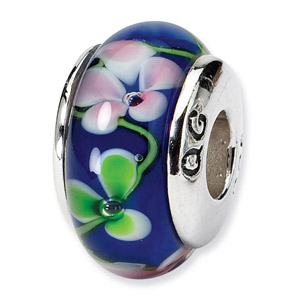 Blue Floral Murano Glass and .925 Sterling Silver Bead