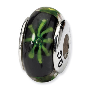 Sterling Silver Black & Green Hand-blown Glass Bead